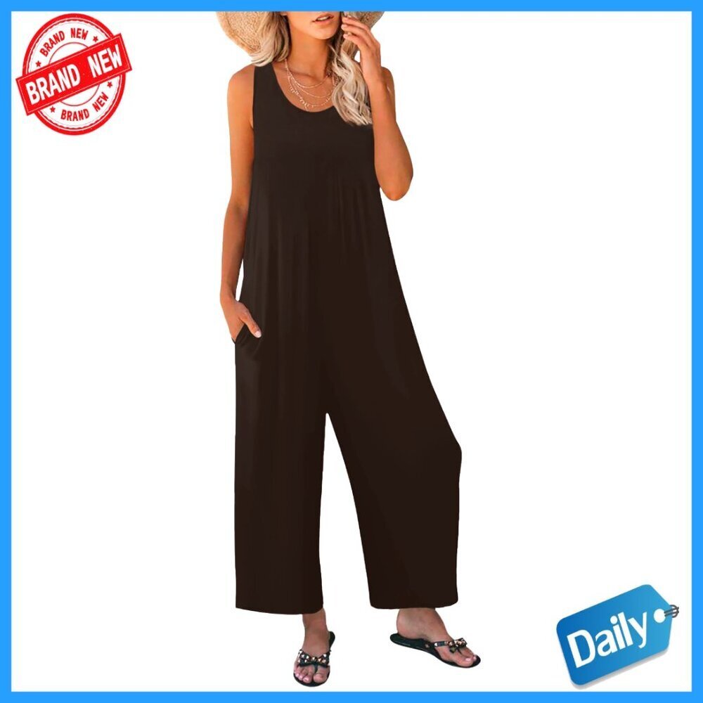 Loose Fit Jumpsuit with Pockets, Sleeveless Crewneck Romper, Summer Casual Wear